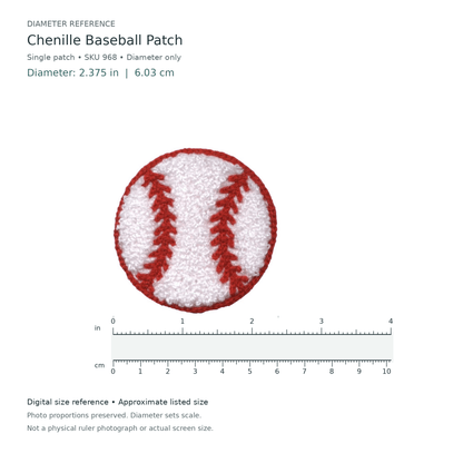 Digital size reference for Chenille Baseball Patch (SKU 968): approximate 2.375 inch diameter; original photo proportions preserved.