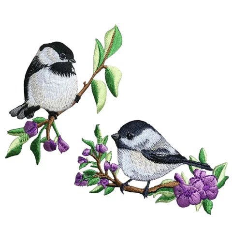 Large Chickadee Applique Patch Set - Birds on Branches,Flowers, Leaves 2-Pack