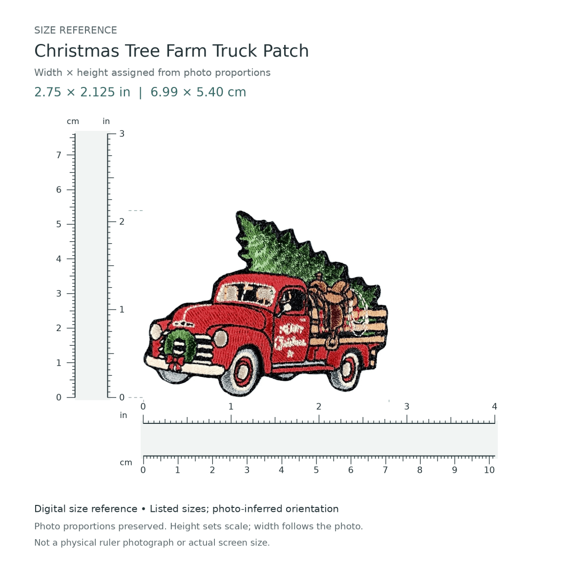 Digital size reference for Christmas Tree Farm Truck Patch (SKU Y26-00215): approximate 2.75 inch width by 2.125 inch height; axis order inferred from photo proportions.