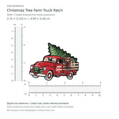 Digital size reference for Christmas Tree Farm Truck Patch (SKU Y26-00215): approximate 2.75 inch width by 2.125 inch height; axis order inferred from photo proportions.