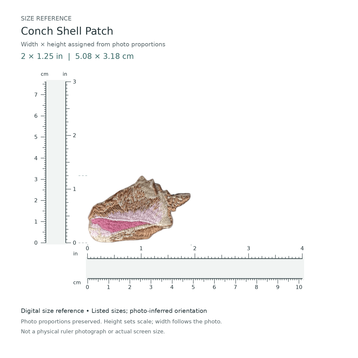 Digital size reference for Conch Shell Patch (SKU Y26-00218): approximate 2 inch width by 1.25 inch height; axis order inferred from photo proportions.