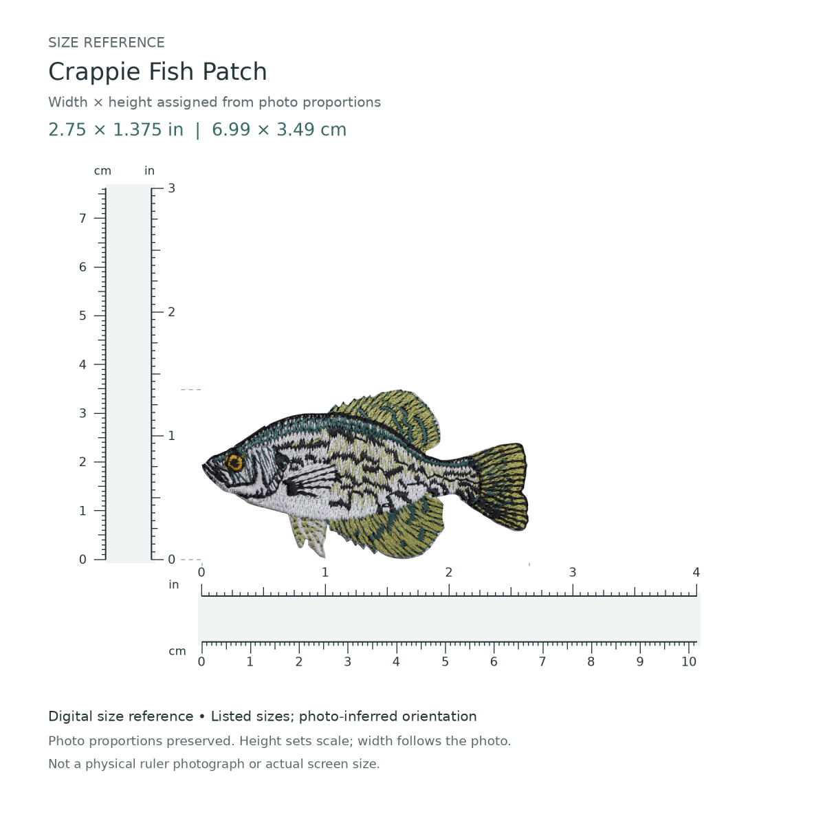 Digital size reference for Crappie Fish Patch (SKU 356): approximate 2.75 inch width by 1.375 inch height; axis order inferred from photo proportions.