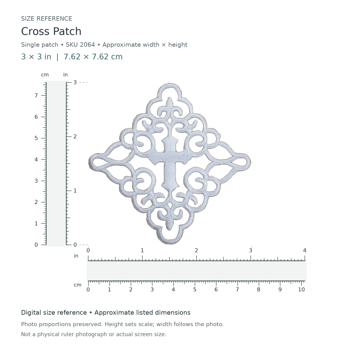 Cross Patch: single patch, approximately 3 inches wide by 3 inches tall, with digital inch and centimetre rulers.