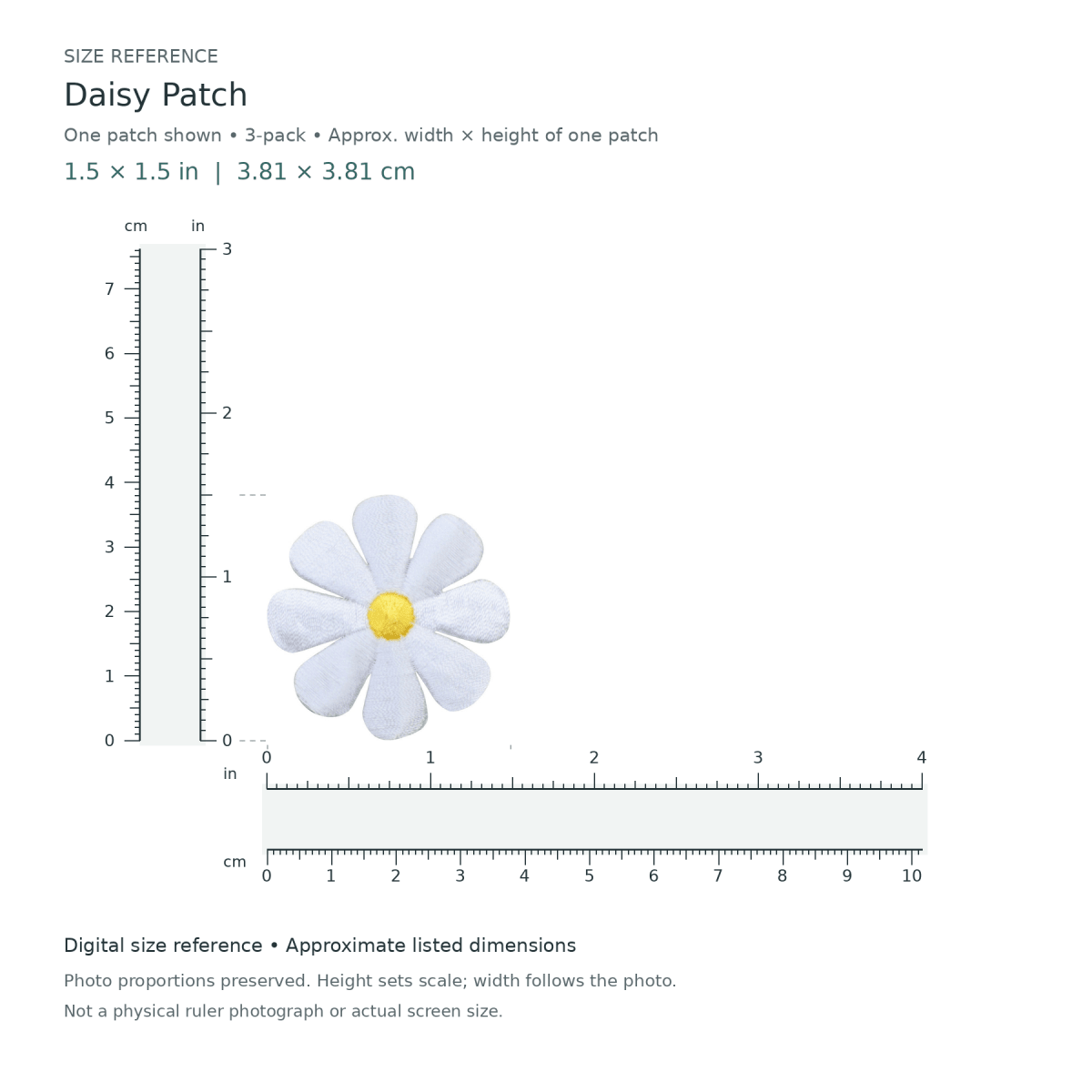 Daisy Patch: one patch shown from the 3-patch pack, approximately 1.5 inches wide by 1.5 inches tall per patch, with digital inch and centimetre rulers.