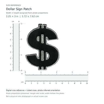 Digital size reference for Dollar Sign Patch (SKU 1180): approximate 2.25 inch width by 3 inch height; axis order inferred from photo proportions.