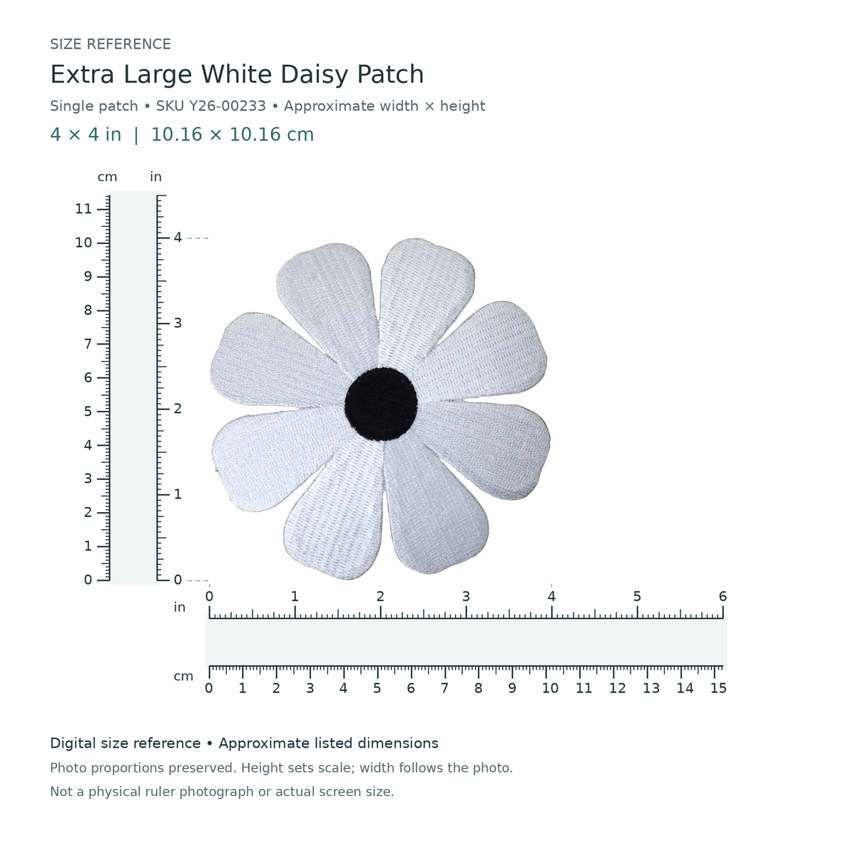 Extra Large White Daisy Patch: single patch, approximately 4 inches wide by 4 inches tall, with digital inch and centimetre rulers.