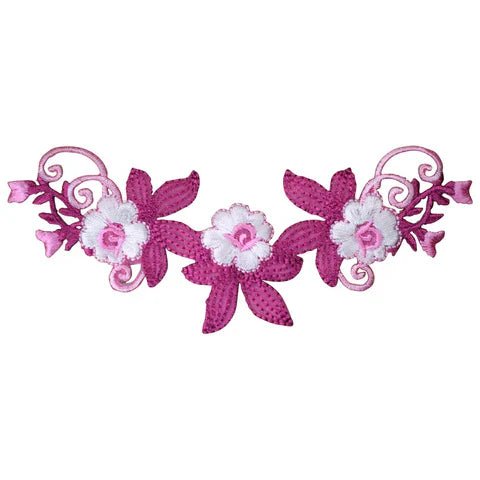 Large Flower Applique Patch - Pink Fuchsia White Bloom Badge 5-3/8" (Iron on)