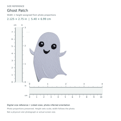 Digital size reference for Ghost Patch (SKU 1855): approximate 2.125 inch width by 2.75 inch height; axis order inferred from photo proportions.