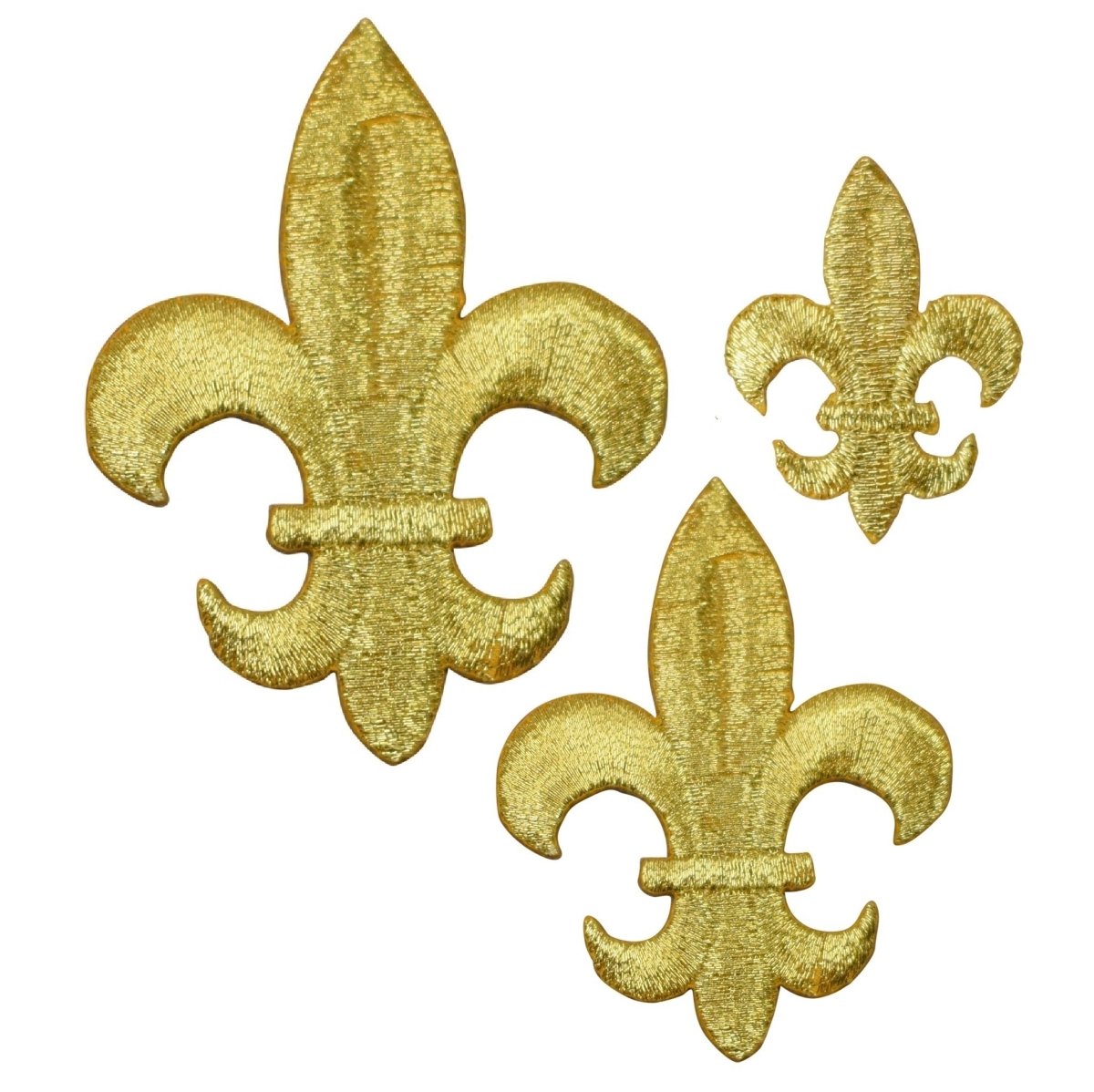 A set of three gold fleur de lis applique patches in varying sizes.