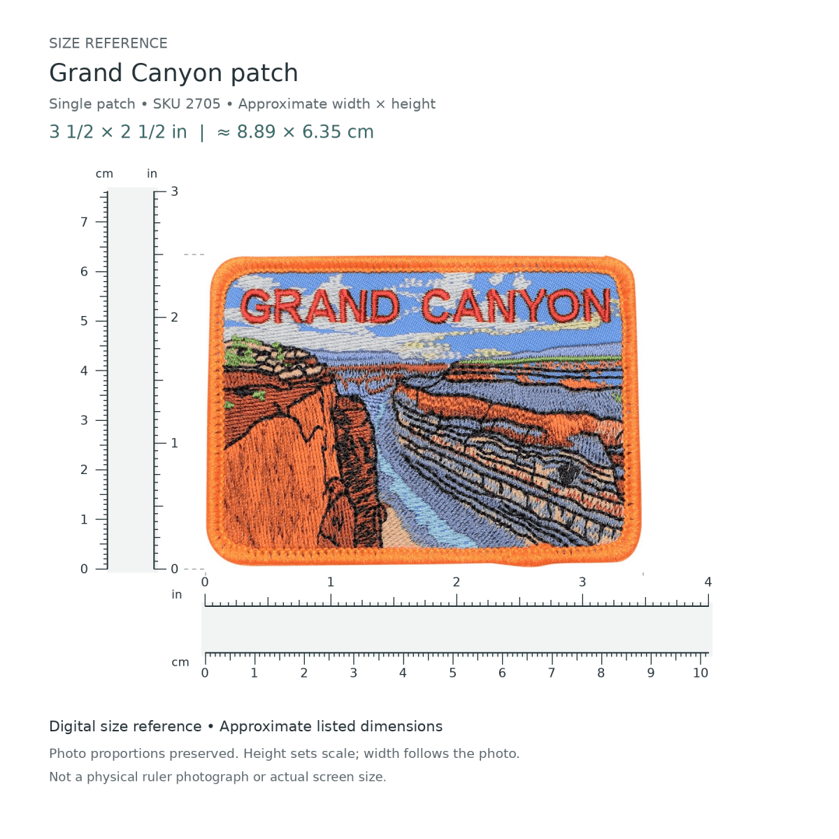Grand Canyon patch, approximately 3 1/2 inches wide by 2 1/2 inches tall, shown with digital inch and centimetre rulers.