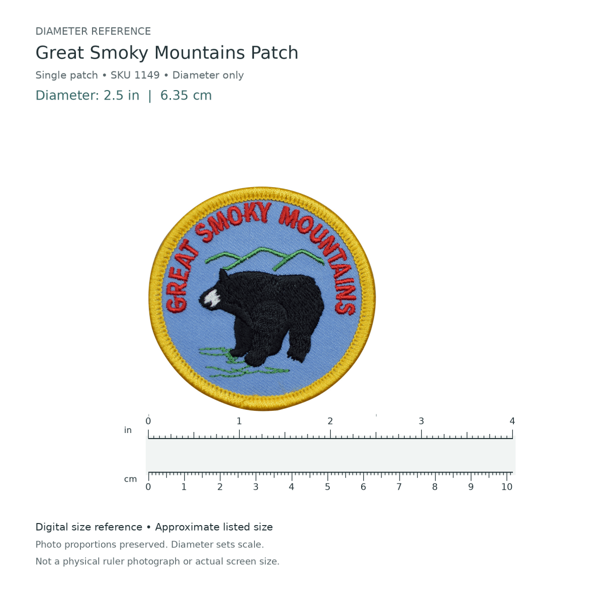 Digital size reference for Great Smoky Mountains Patch (SKU 1149): approximate 2.5 inch diameter; original photo proportions preserved.