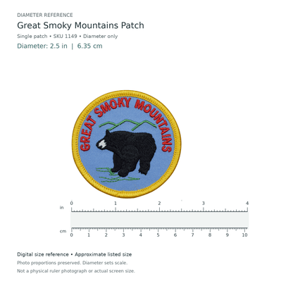 Digital size reference for Great Smoky Mountains Patch (SKU 1149): approximate 2.5 inch diameter; original photo proportions preserved.