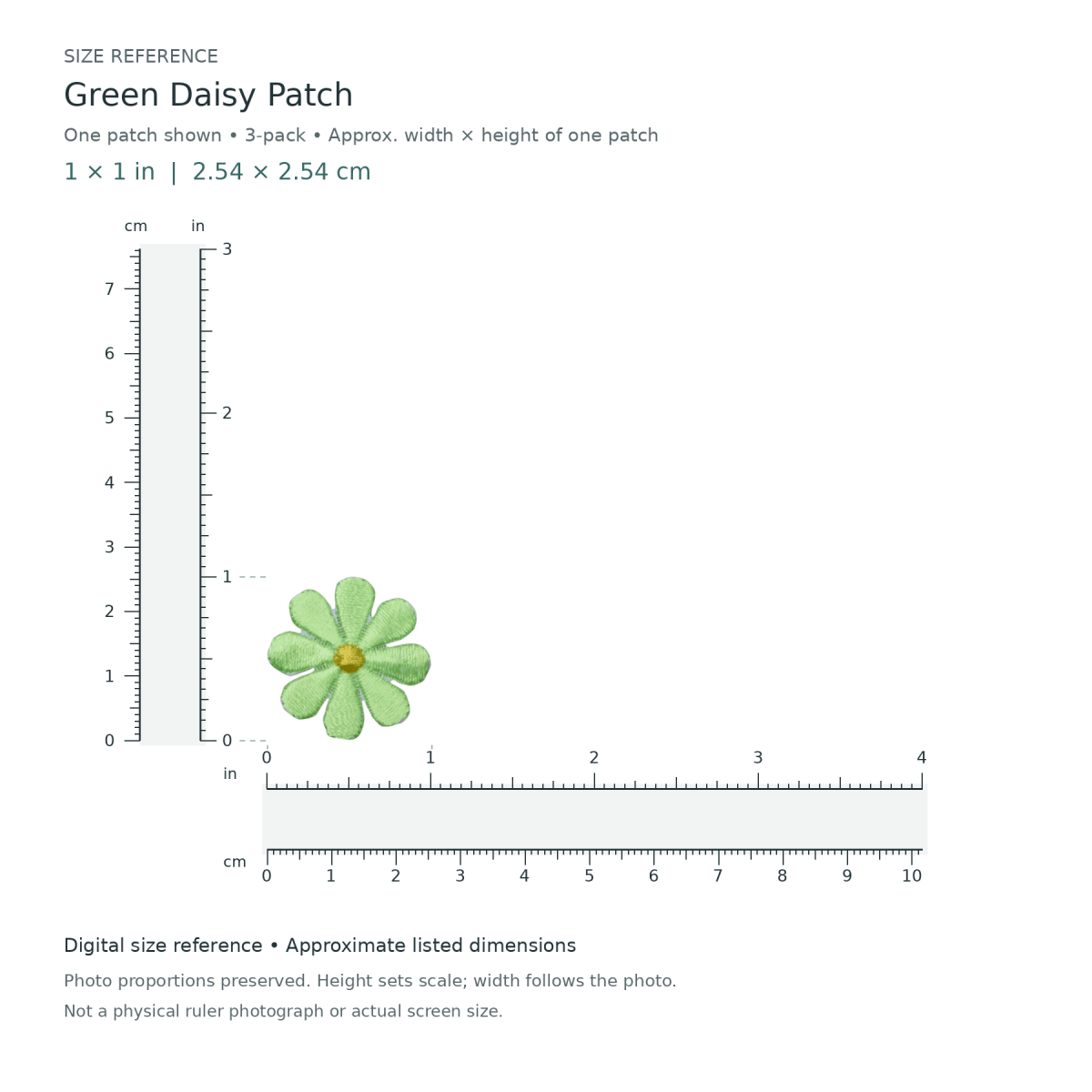 Green Daisy Patch: one patch shown from the 3-patch pack, approximately 1 inches wide by 1 inches tall per patch, with digital inch and centimetre rulers.