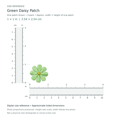 Green Daisy Patch: one patch shown from the 3-patch pack, approximately 1 inches wide by 1 inches tall per patch, with digital inch and centimetre rulers.