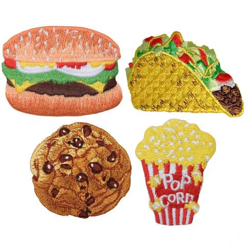 Fast Food Applique Patch Set -Burger Popcorn Cookie Taco (4-Pack, Iron on)