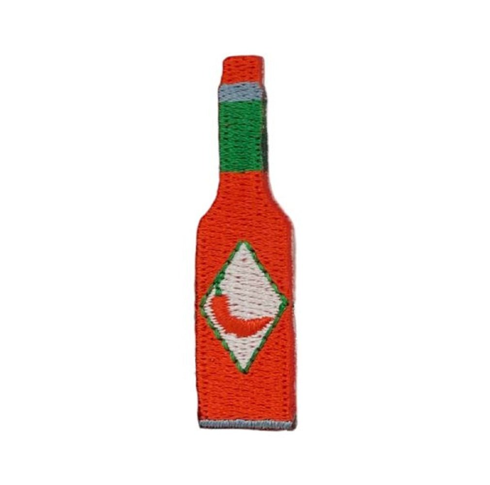 red bottle of hot sauce embroidered patch on a white background