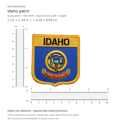 Idaho patch, approximately 2 1/2 inches wide by 2 3/4 inches tall, shown with digital inch and centimetre rulers.