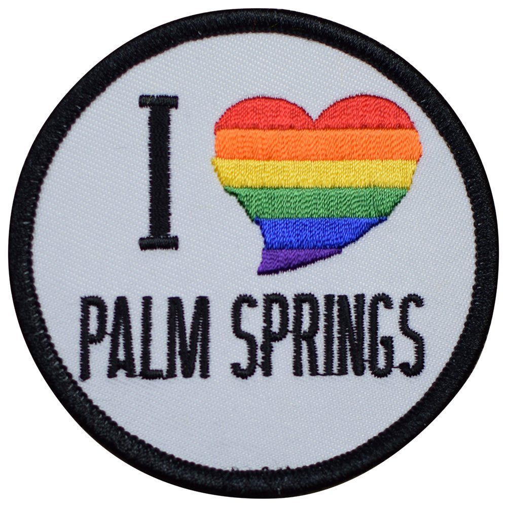 A round patch with a rainbow-colored heart and the text 'I (Rainbow Heart) PALM SPRINGS' on a white background