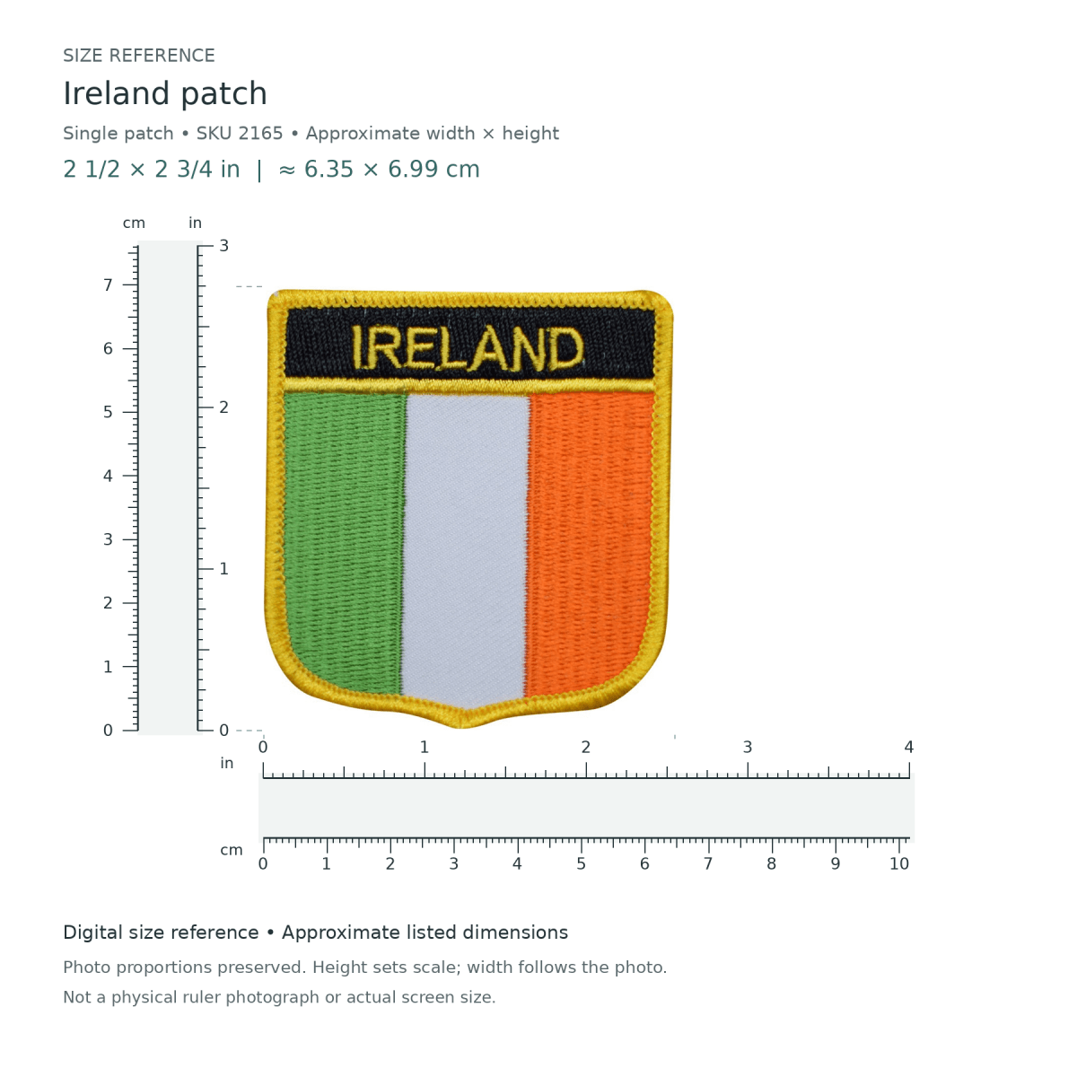 Ireland patch, approximately 2 1/2 inches wide by 2 3/4 inches tall, shown with digital inch and centimetre rulers.