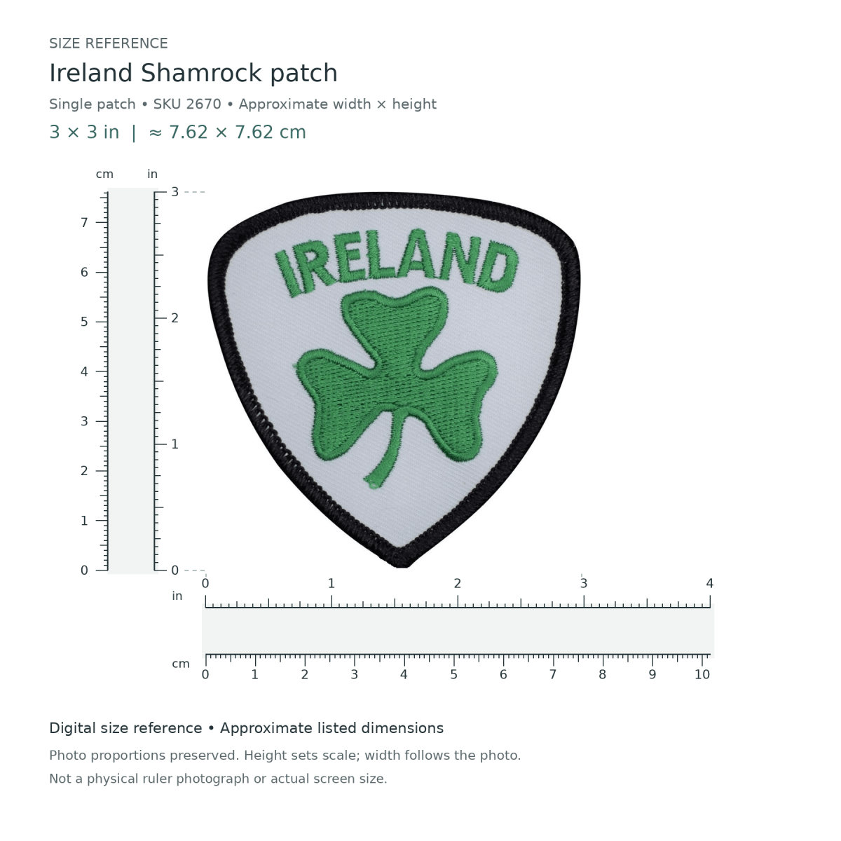 Ireland Shamrock patch, approximately 3 inches wide by 3 inches tall, shown with digital inch and centimetre rulers.