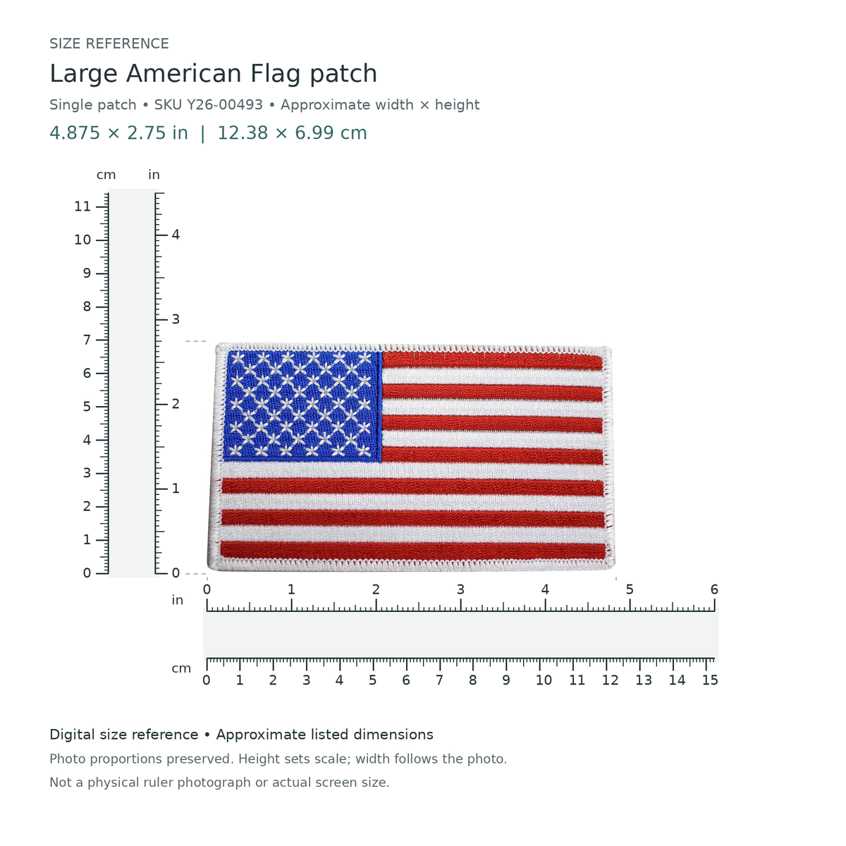 Large American Flag patch, approximately 4 7/8 inches wide by 2 3/4 inches tall, shown with digital inch and centimetre rulers.