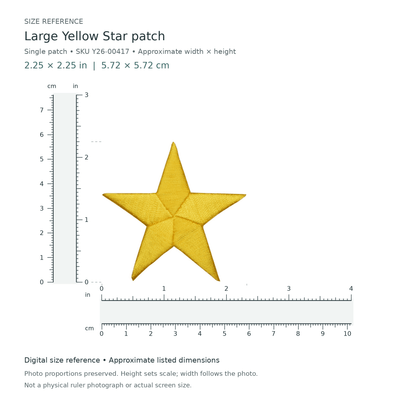 Large Yellow Star patch: single patch, approximately 2 1/4 inches wide by 2 1/4 inches tall, with digital inch and centimetre rulers.