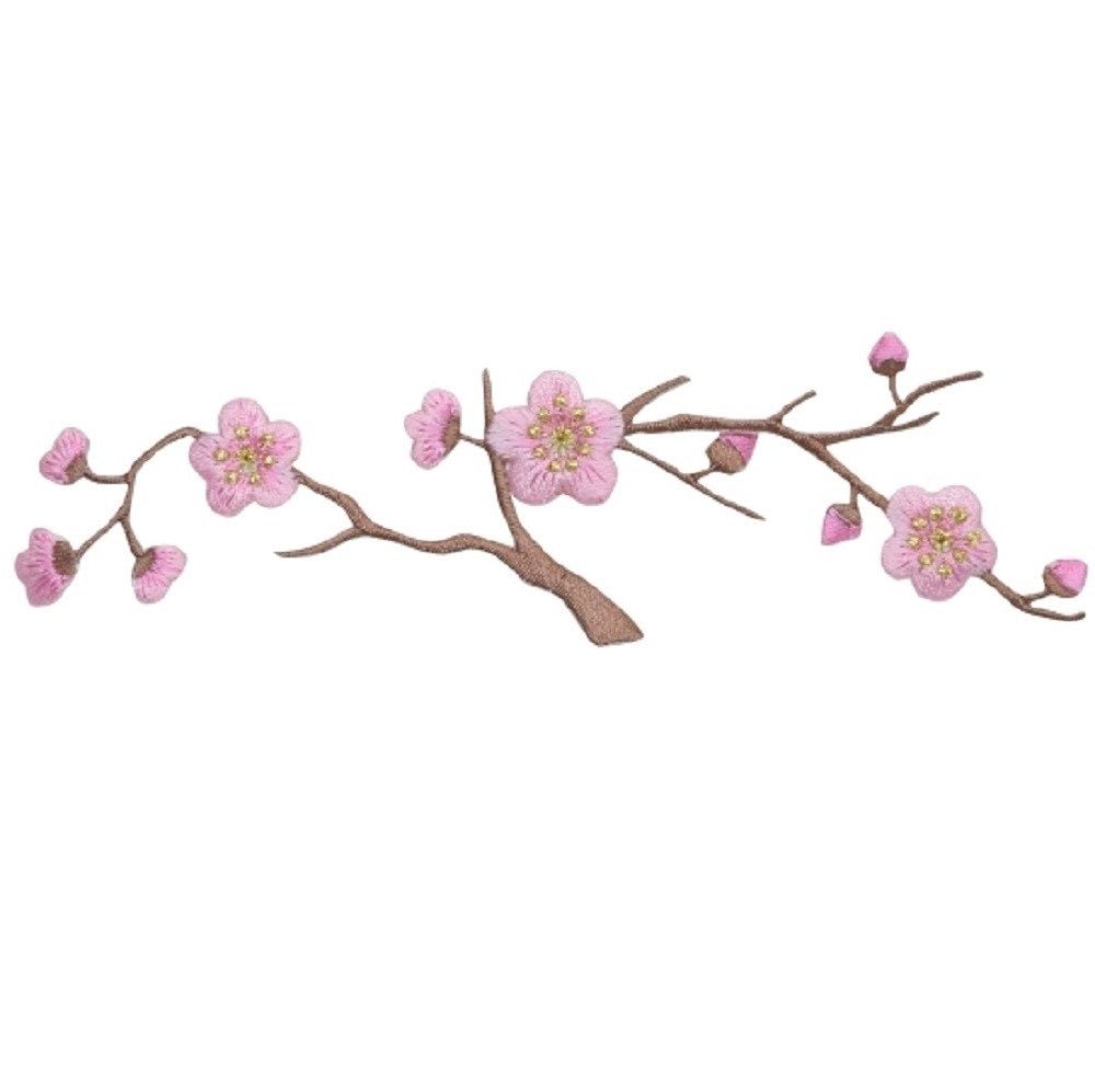A patch depicting a branch with cherry tree blossoms in pink and brown colors, designed to be ironed onto fabric.
