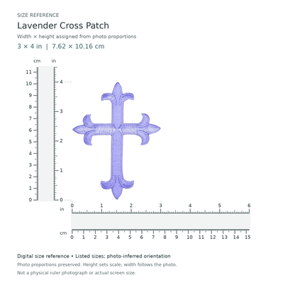 Digital size reference for Lavender Cross Patch (SKU Y26-00284): approximate 3 inch width by 4 inch height; axis order inferred from photo proportions.