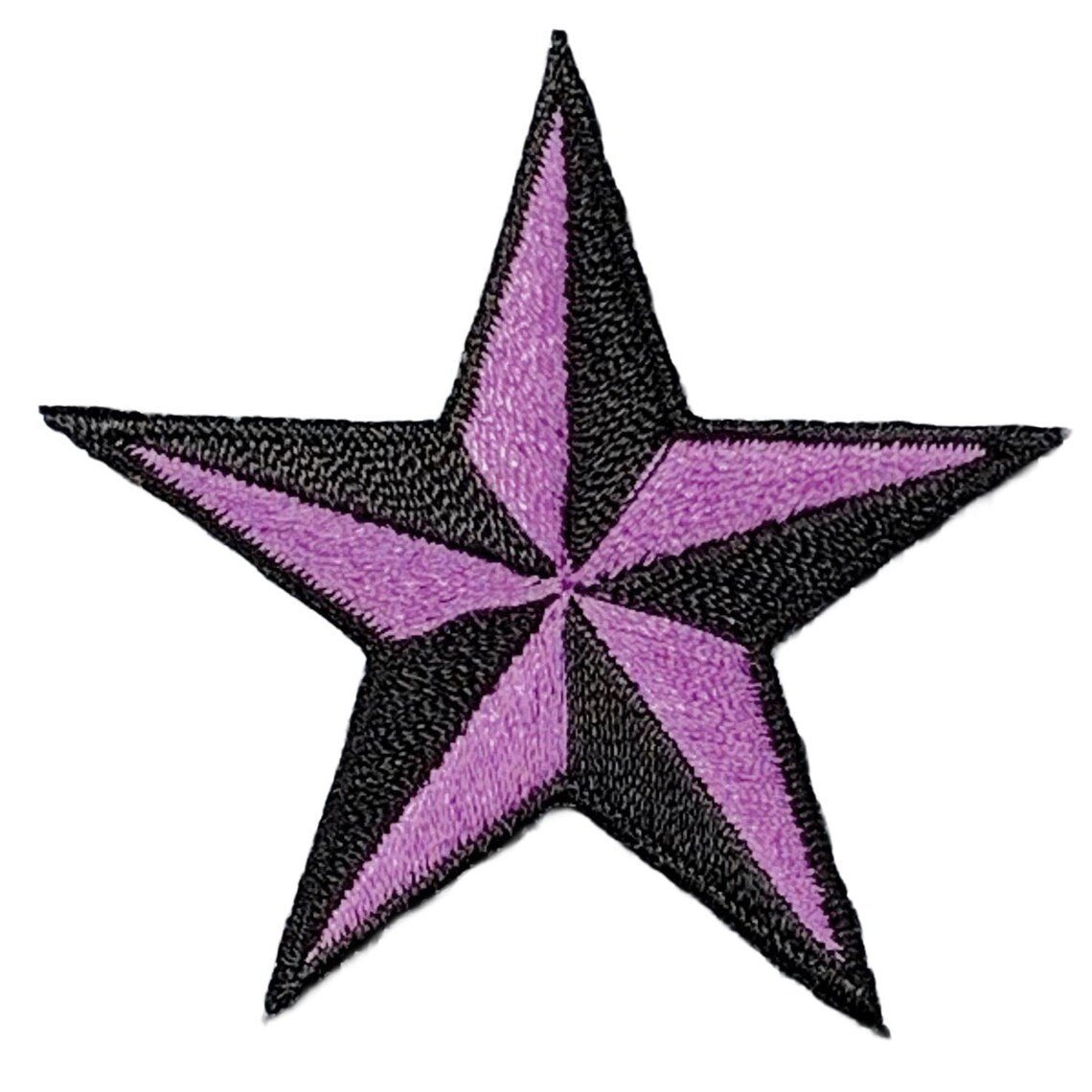 Star-shaped patch with purple and black colors on a white background