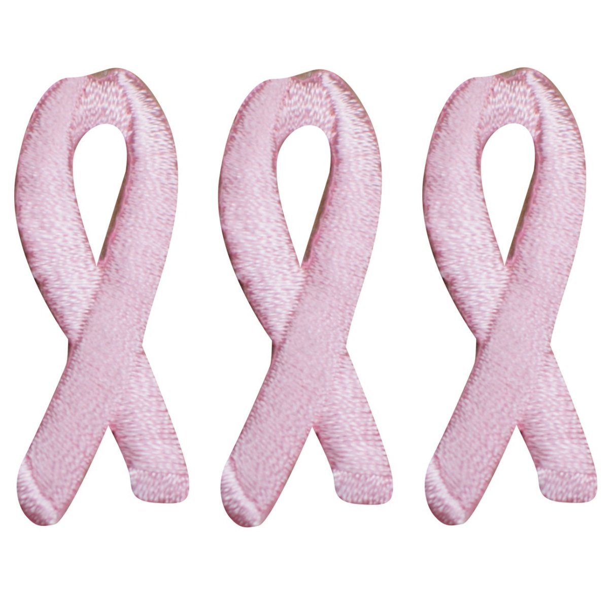 Three pink ribbon applique patches with an iron-on texture, isolated on a white background.