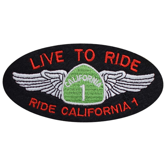 Black oval California Highway 1 patch with wings and red Live to Ride lettering