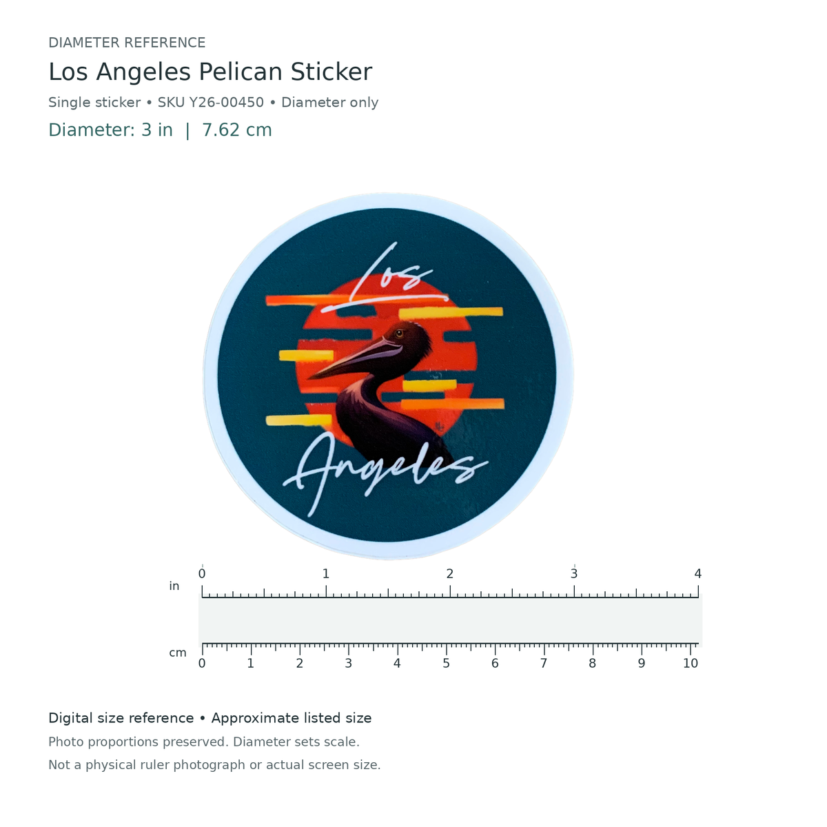 Digital size reference for Los Angeles Pelican Sticker (SKU Y26-00450): approximate 3 inch diameter; original photo proportions preserved.