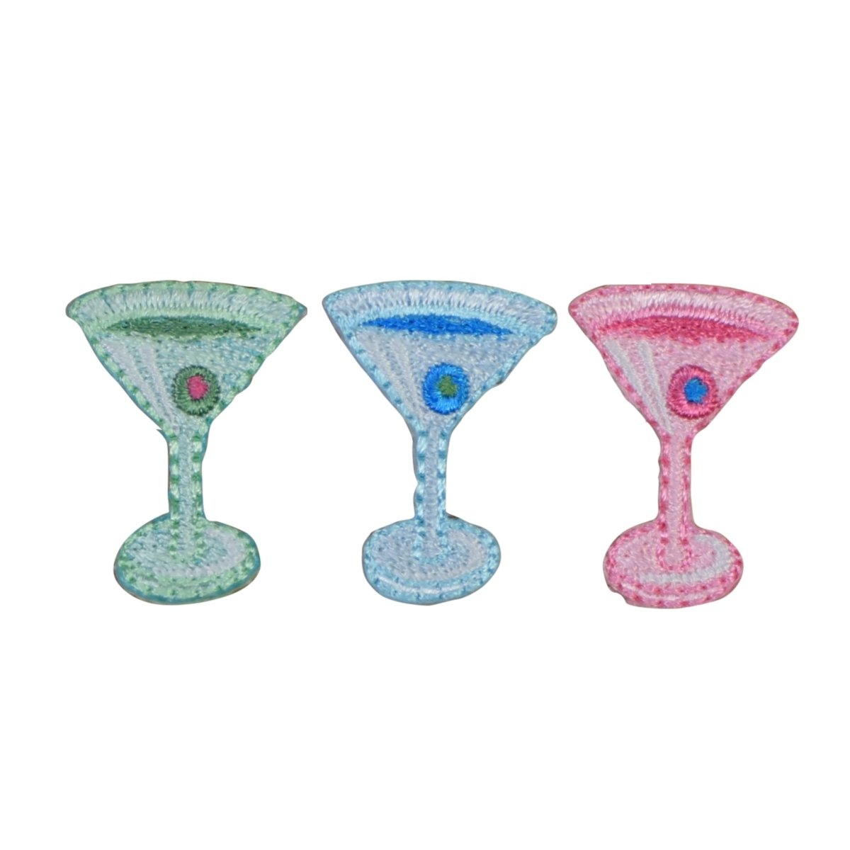 three embroidered martini patches in green, blue, and pink