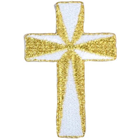 Gold & White Medium Cross Applique Patch - Metallic Thread, Christian 2" Iron on