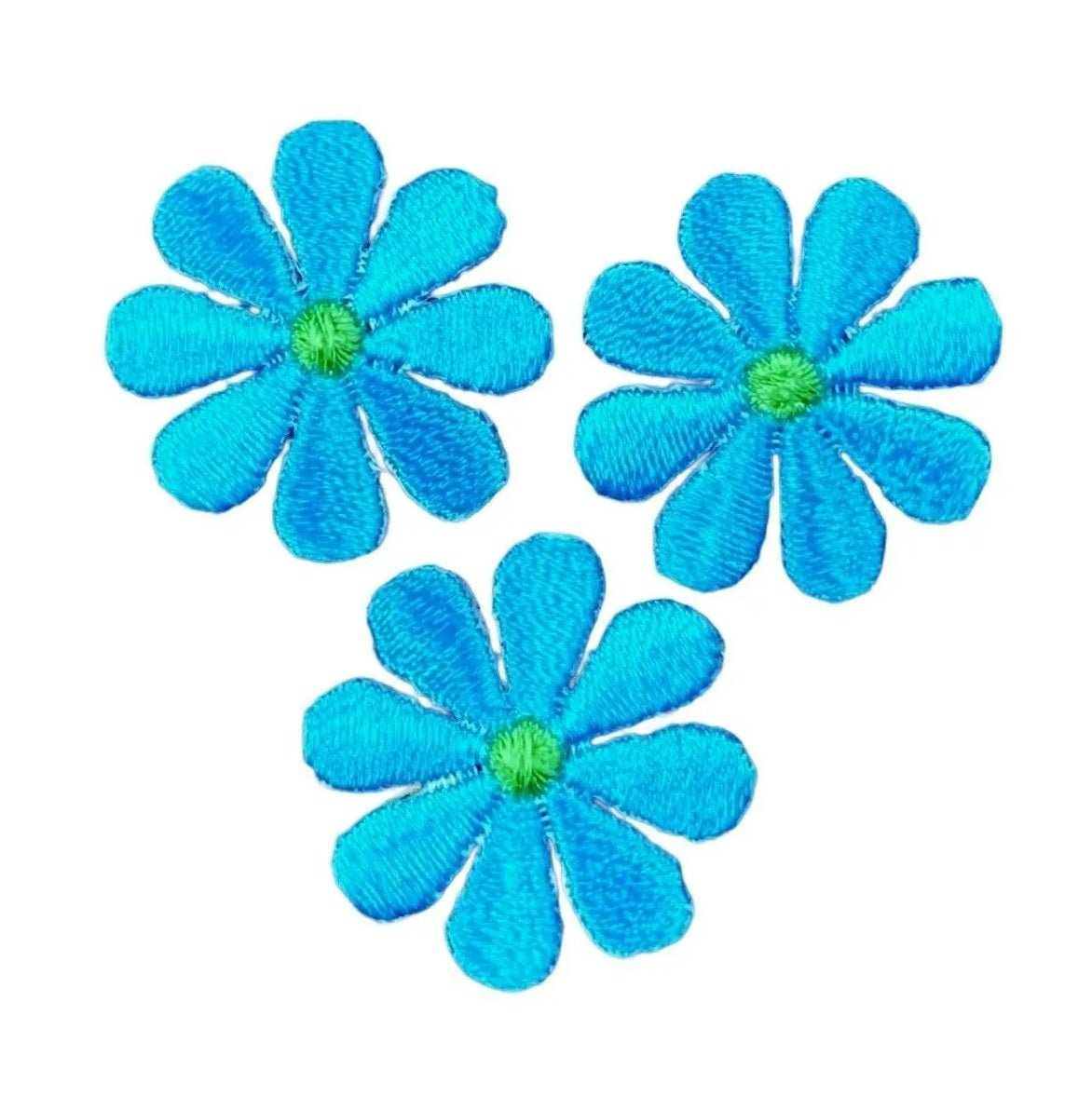 Three turquoise blue daisy embroidered patches, 1 inch each