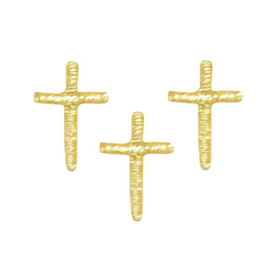 Three gold cross-shaped patches arranged on a plain white background.