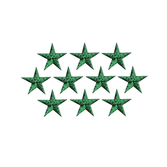 Ten mini green stars patches on a white background