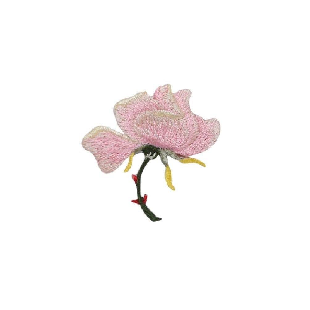 An embroidered pink rose flower patch featuring light pink petals with subtle gold highlights, a dark green stem, and small yellow stamens on a plain white background.