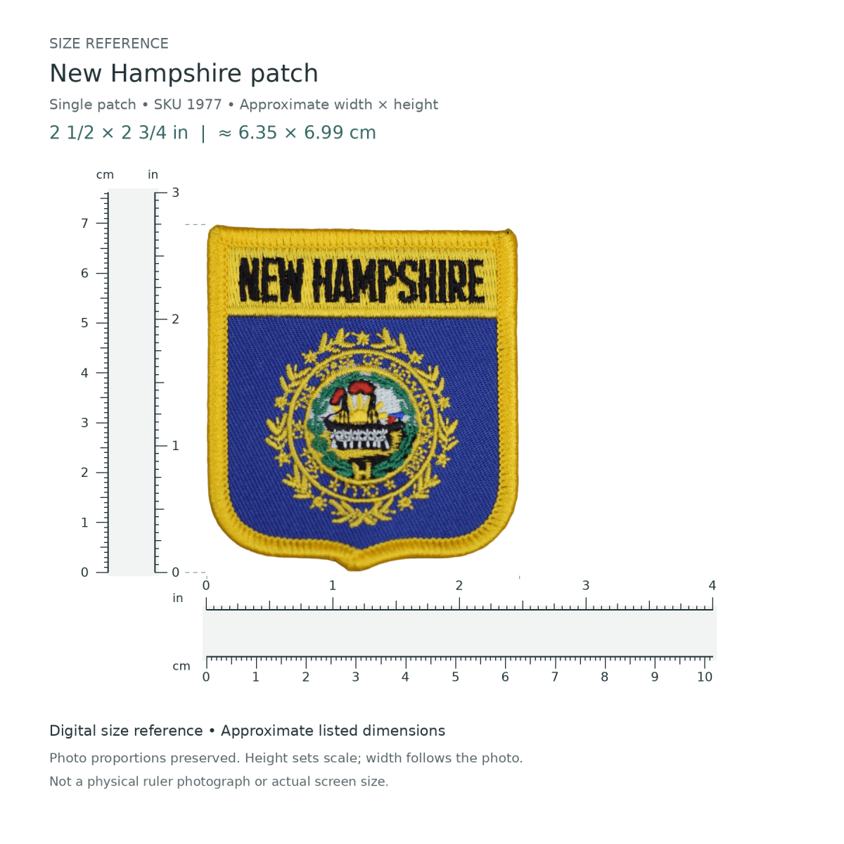 New Hampshire patch, approximately 2 1/2 inches wide by 2 3/4 inches tall, shown with digital inch and centimetre rulers.