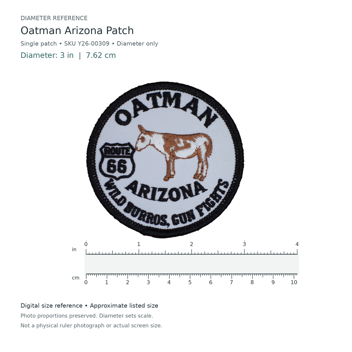 Digital size reference for Oatman Arizona Patch (SKU Y26-00309): approximate 3 inch diameter; original photo proportions preserved.