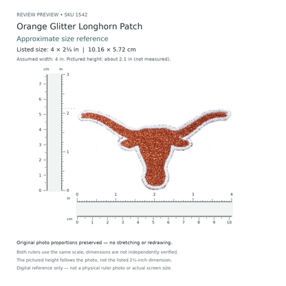 Approximate digital size preview of orange glitter Longhorn patch, SKU 1542. Width assumed to be 4 inches; pictured height about 2.1 inches follows photo proportions, not a measured height. Listed size 4 × 2¼ inches; dimensions not independently verified.