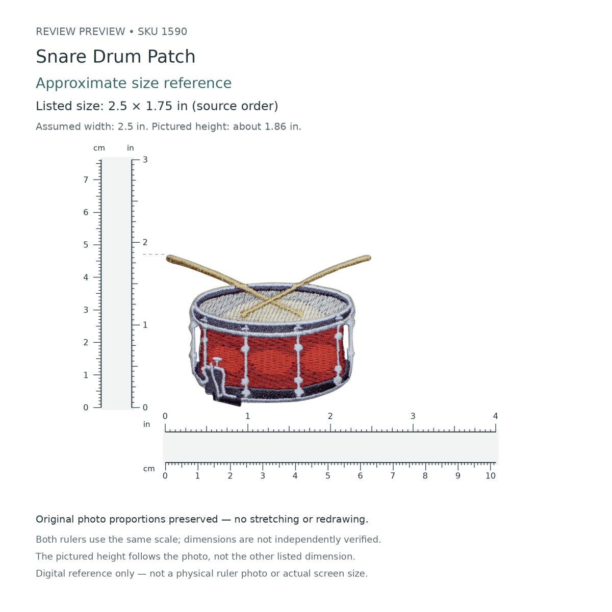 Approximate ruler preview of Snare Drum Patch, SKU 1590. Original photo proportions preserved; assumed width 2.5 inches and photo-implied height approximately 1.86 inches, not independently verified.