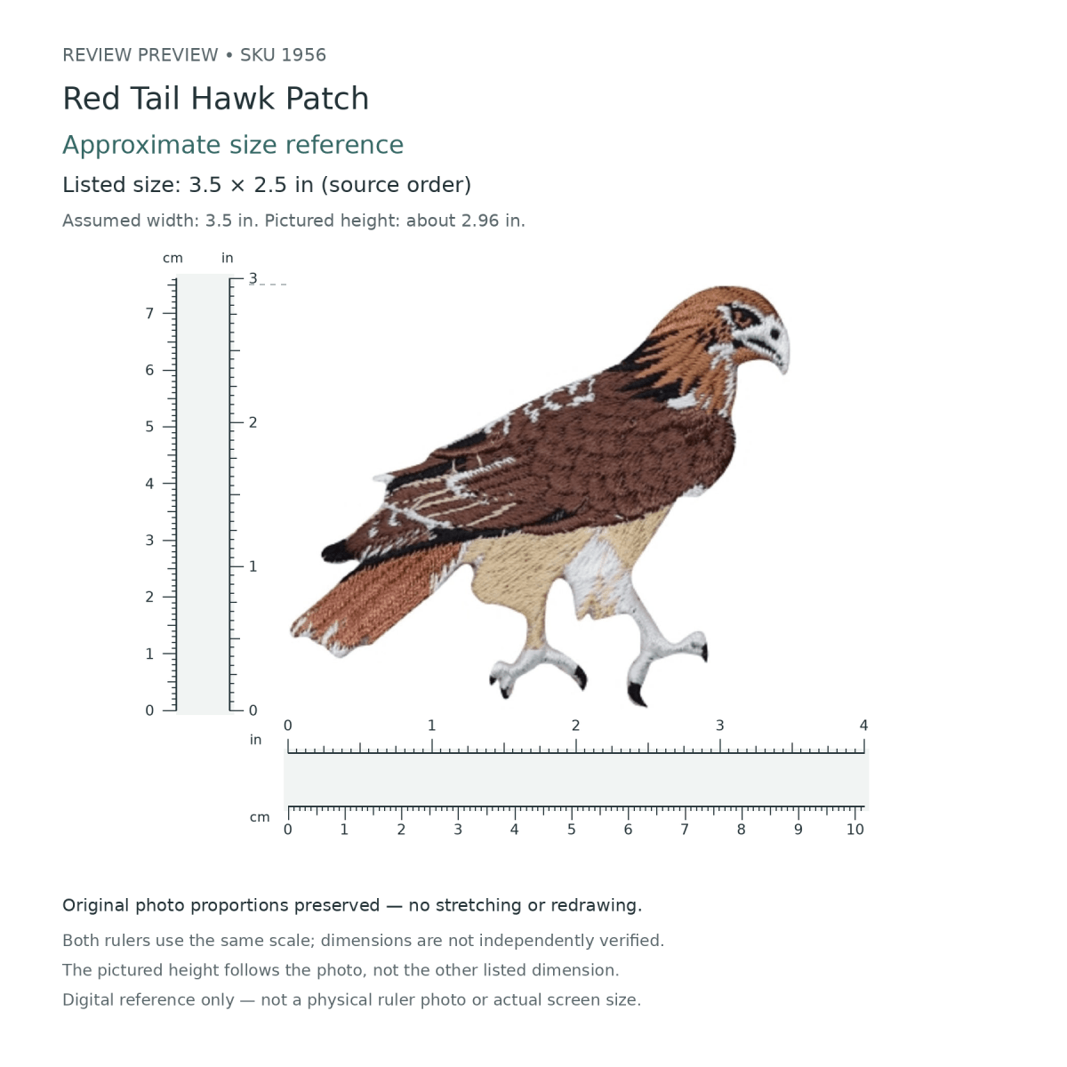 Approximate ruler preview of Red Tail Hawk Patch, SKU 1956. Original photo proportions preserved; assumed width 3.5 inches and photo-implied height approximately 2.96 inches, not independently verified.
