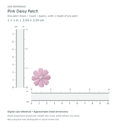Pink Daisy Patch: one patch shown from the 3-patch pack, approximately 1 inches wide by 1 inches tall per patch, with digital inch and centimetre rulers.