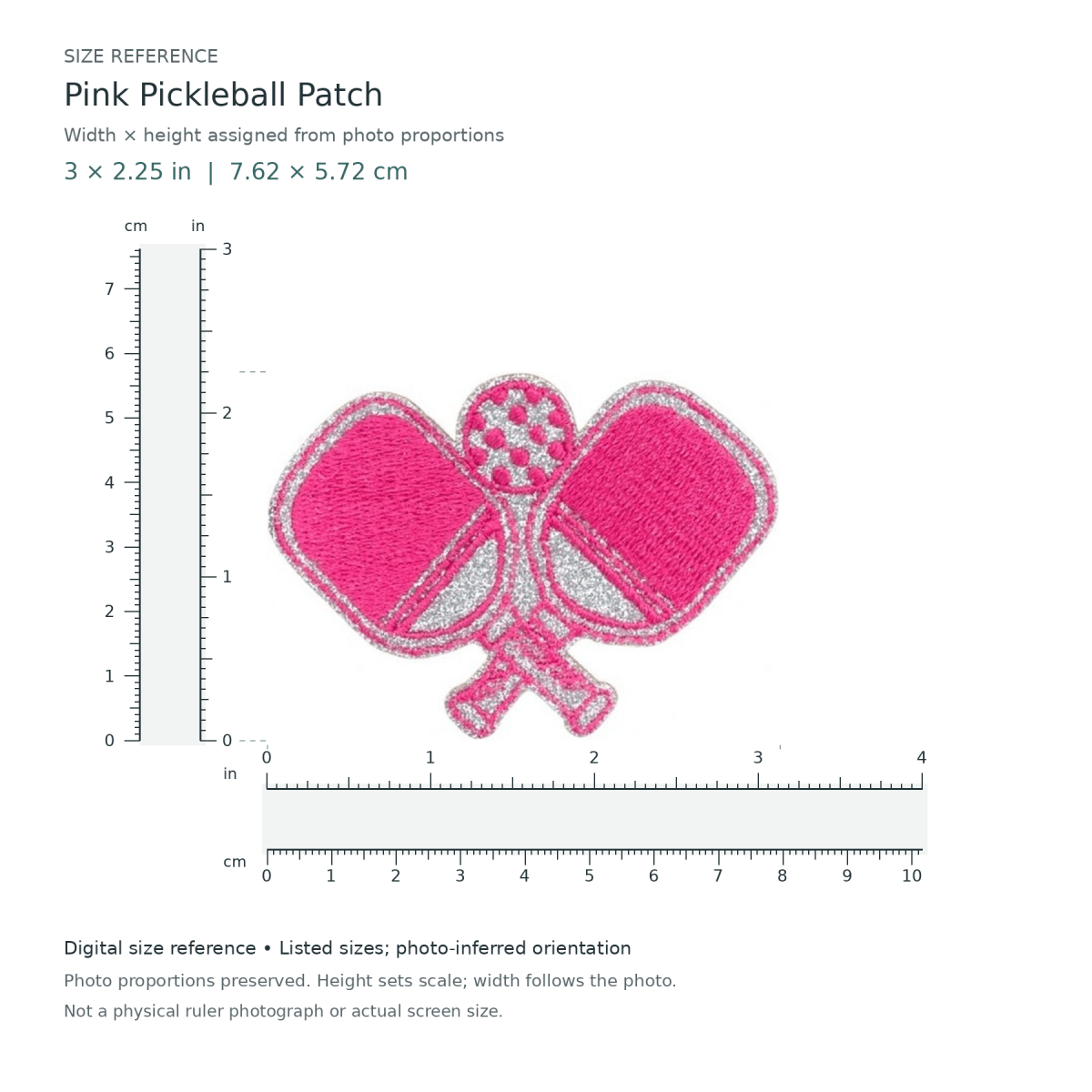 Digital size reference for Pink Pickleball Patch (SKU Y26-00323): approximate 3 inch width by 2.25 inch height; axis order inferred from photo proportions.