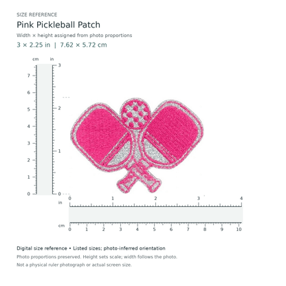 Digital size reference for Pink Pickleball Patch (SKU Y26-00323): approximate 3 inch width by 2.25 inch height; axis order inferred from photo proportions.