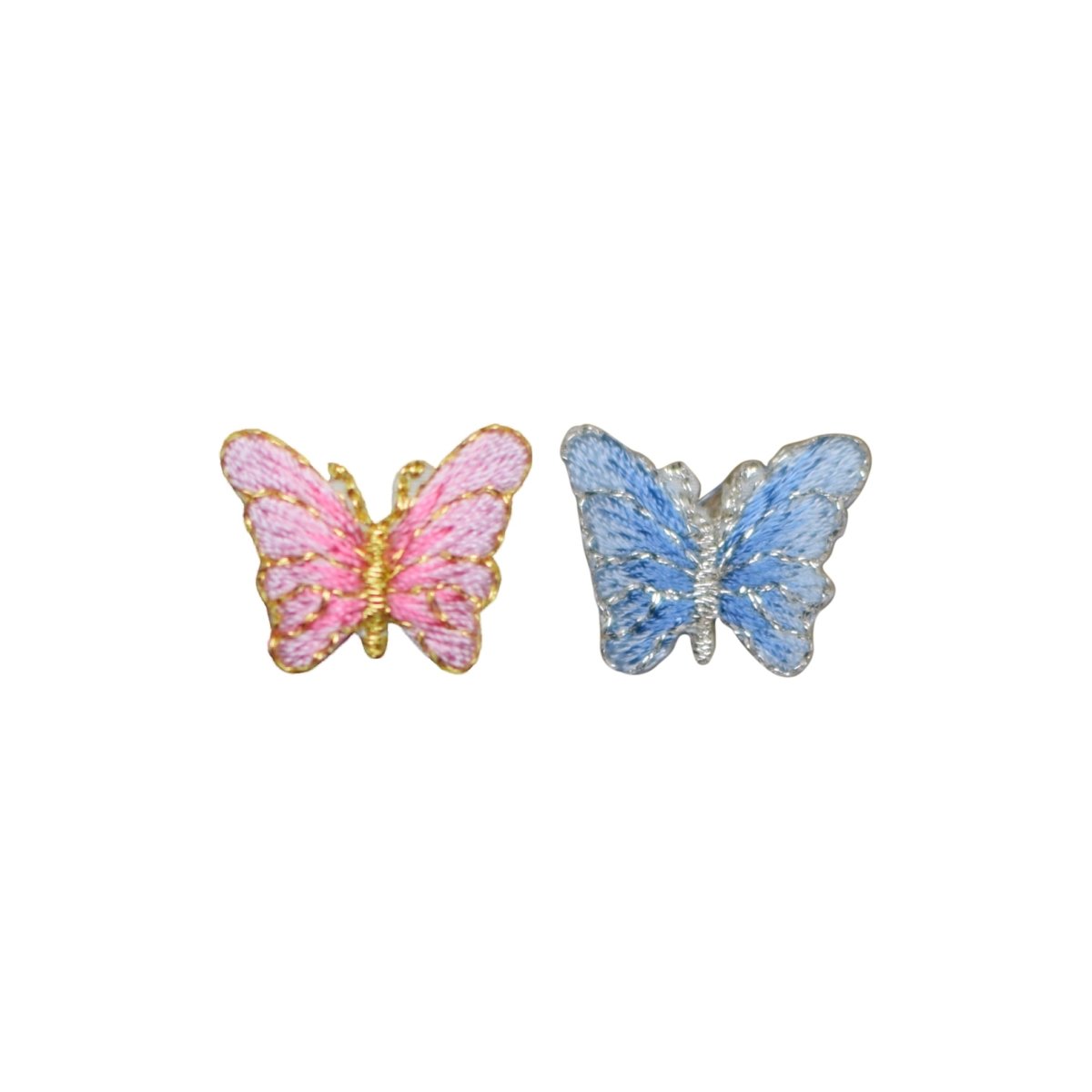 Two butterfly-shaped patches on a plain white background, one pink with gold trim and one blue with silver trim.