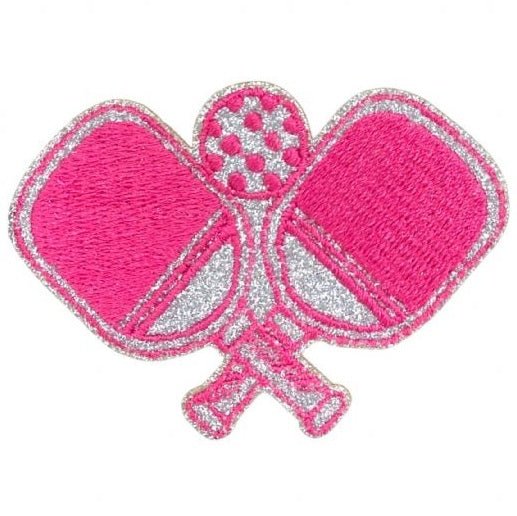 pink pickleball embroidered iron on patch, 3", front view