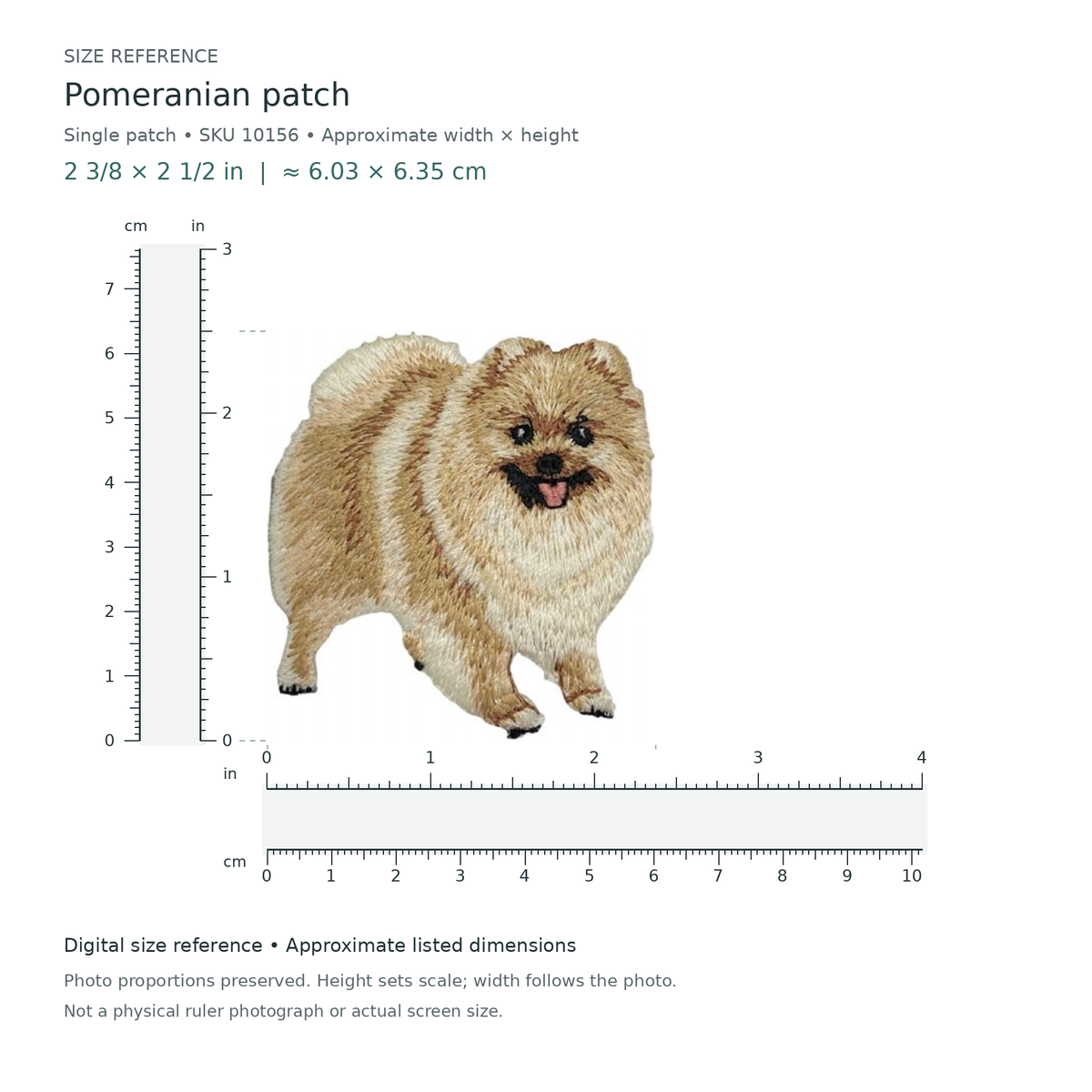 Pomeranian patch, approximately 2 3/8 inches wide by 2 1/2 inches tall, shown with digital inch and centimetre rulers.
