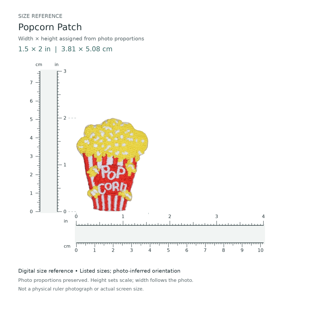 Digital size reference for Popcorn Patch (SKU 2421): approximate 1.5 inch width by 2 inch height; axis order inferred from photo proportions.